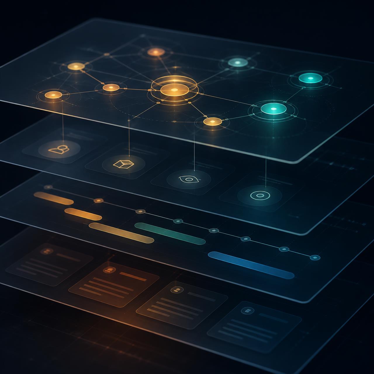 Abstract layered visualization of product roadmaps, AI workflow nodes and connected delivery systems